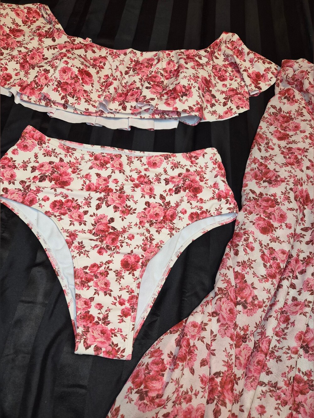 Floral Off-Shoulder Bikini Set with Sarong - Pink Floral 3 Piece - Picture 2 of 5